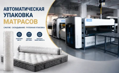 Автоматическая упаковка матрасов с помощью станка для сжатия и рулонной упаковки